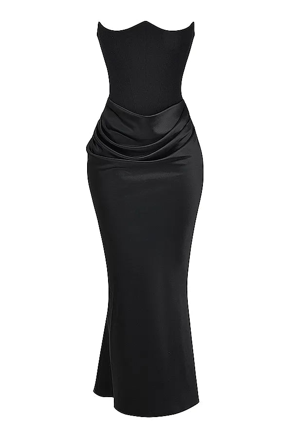 Lång Bandeau Satinklänning – Elegant (Röd, Vit, Svart)