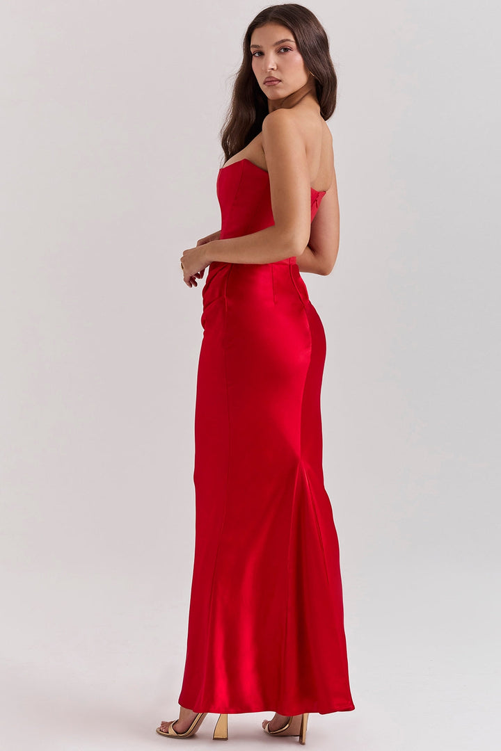 Lång Bandeau Satinklänning – Elegant (Röd, Vit, Svart)