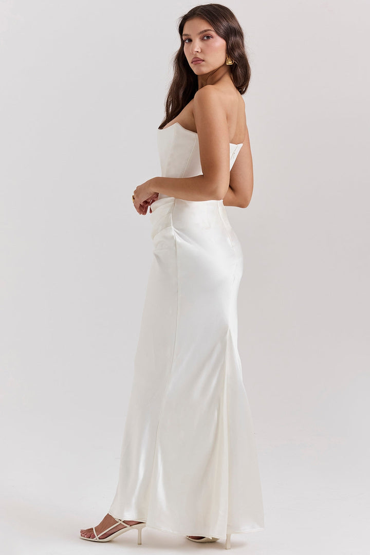 Lång Bandeau Satinklänning – Elegant (Röd, Vit, Svart)
