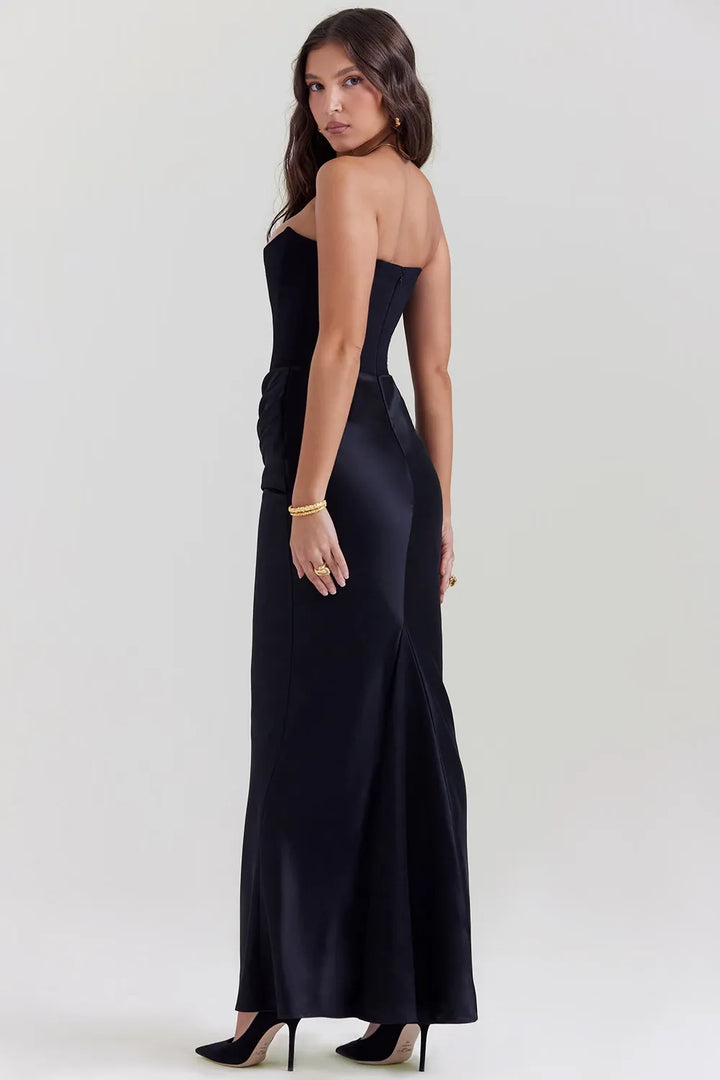 Lång Bandeau Satinklänning – Elegant (Röd, Vit, Svart)